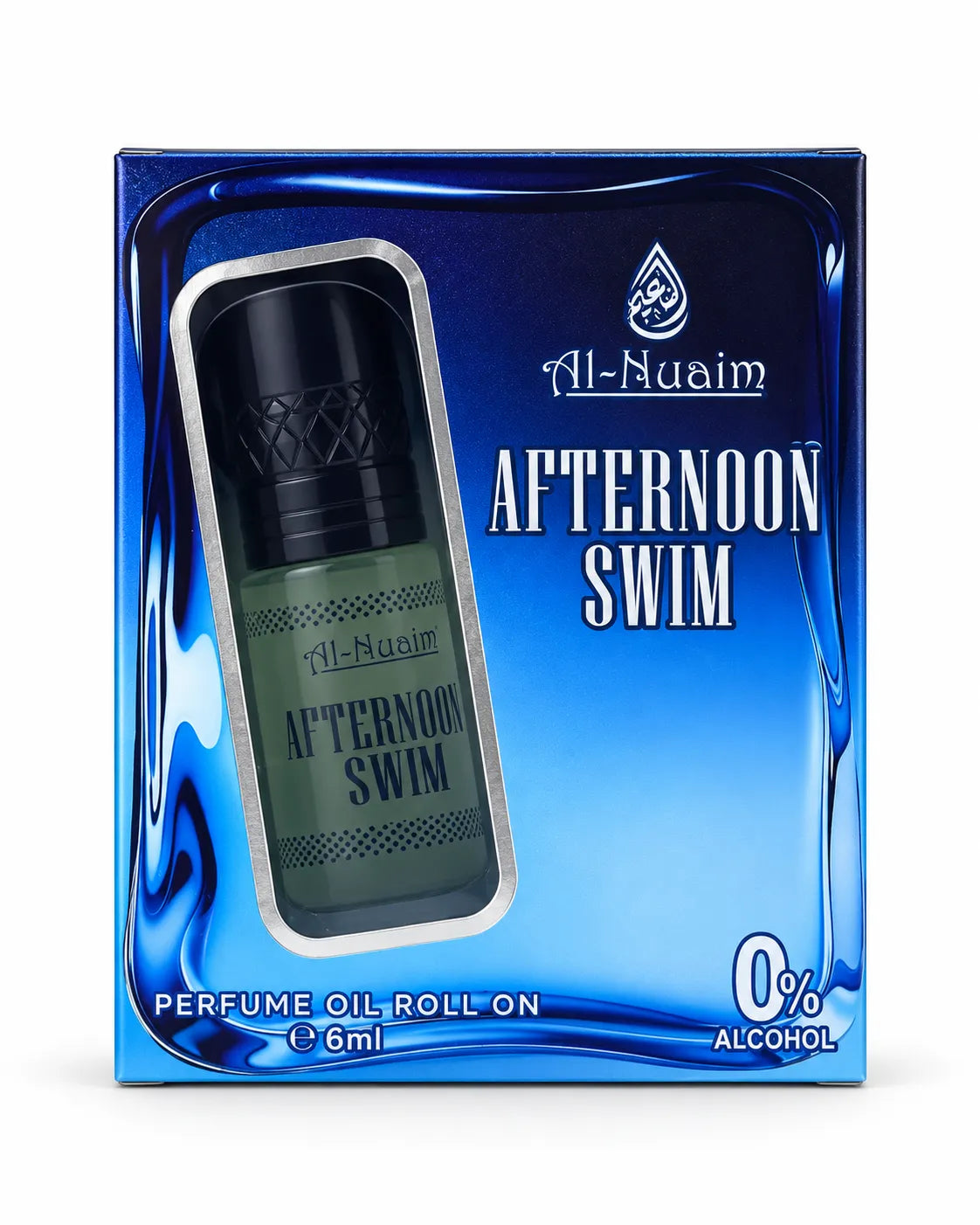 Afternoon Swim 6ml perfume oil bottle with dark decorative cap beside matching blue Al-Nuaim packaging.