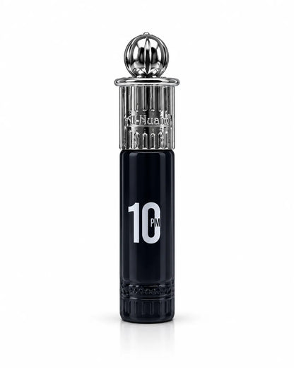 Al-Nuaim 10 PM 6ml roll-on attar in a black bottle with a decorative silver cap on a white background.