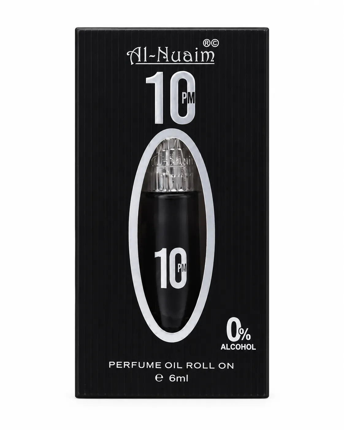 Al-Nuaim 10 PM 6ml roll-on perfume oil in a black and silver box with an oval display window and 0% alcohol label.