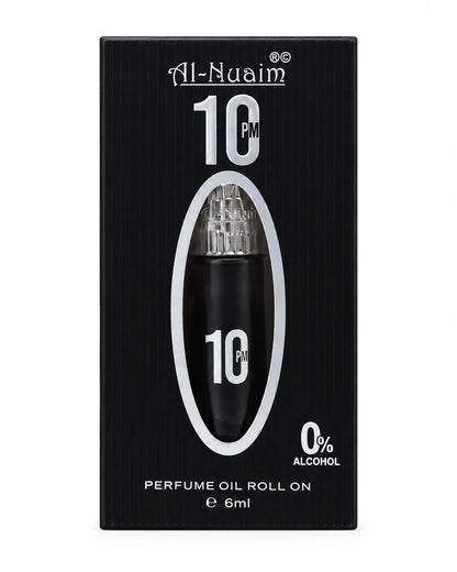 Al-Nuaim 10 PM 6ml roll-on perfume oil in a black and silver box with an oval display window and 0% alcohol label.