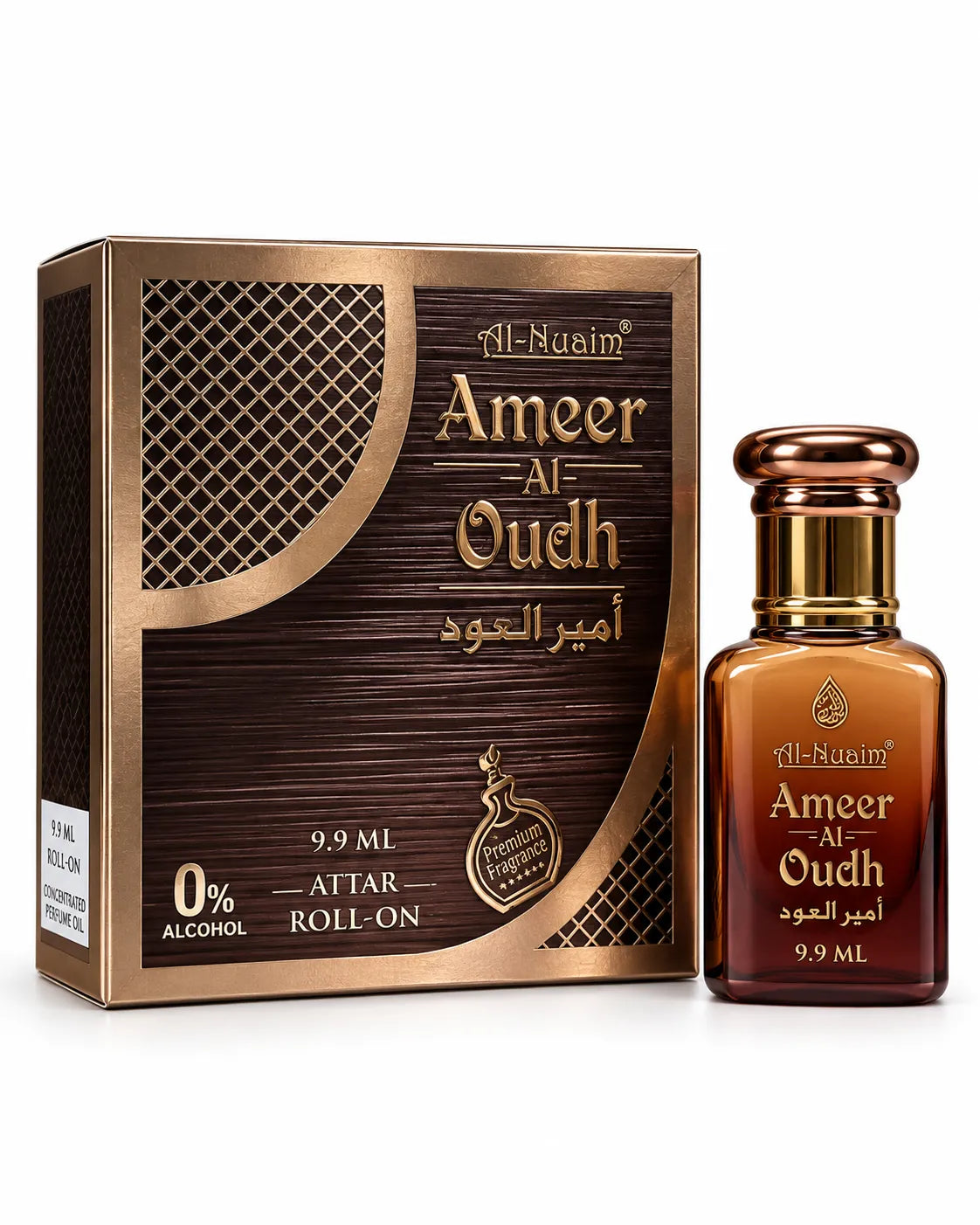 Al-Nuaim Ameer Al Oudh 9.9ml 0% alcohol attar roll-on perfume oil with brown gold box and matching bottle