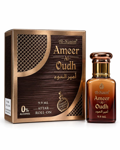 Al-Nuaim Ameer Al Oudh 9.9ml 0% alcohol attar roll-on perfume oil with brown gold box and matching bottle