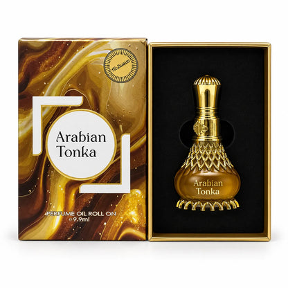 Al-Nuaim Arabian Tonka 9.9ml roll-on perfume oil with a gold-tone cap beside its brown and gold marbled presentation box.