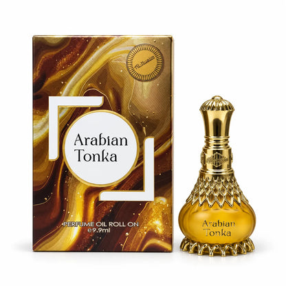 Al-Nuaim Arabian Tonka 9.9ml roll-on perfume oil in an amber and gold-tone bottle inside its black-lined presentation box.