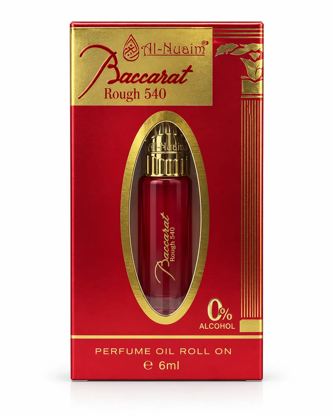 Al-Nuaim Baccarat Rough 540 6ml roll-on attar in a red-to-clear glass bottle with an ornate gold cap on a white background.