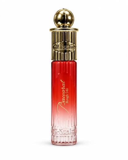 Al-Nuaim Baccarat Rough 540 6ml perfume oil in red and gold packaging with an oval window and 0% alcohol label.