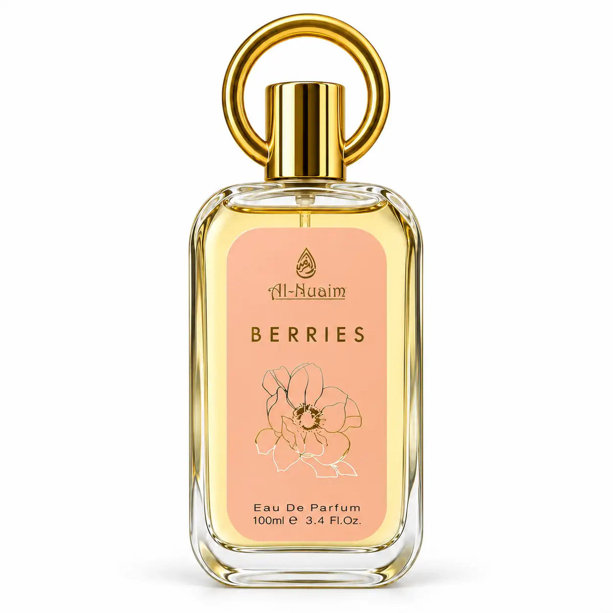 Al-Nuaim Berries Eau De Parfum 100ml clear glass perfume bottle with golden ring cap on white background