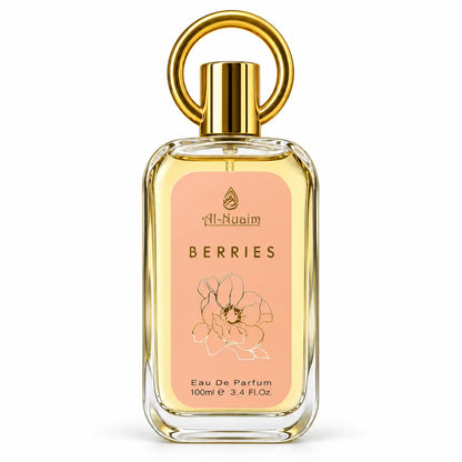Al-Nuaim Berries Eau De Parfum 100ml clear glass perfume bottle with golden ring cap on white background