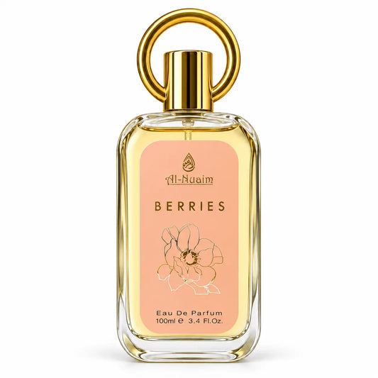 Al-Nuaim Berries Eau De Parfum 100ml clear glass perfume bottle with golden ring cap on white background