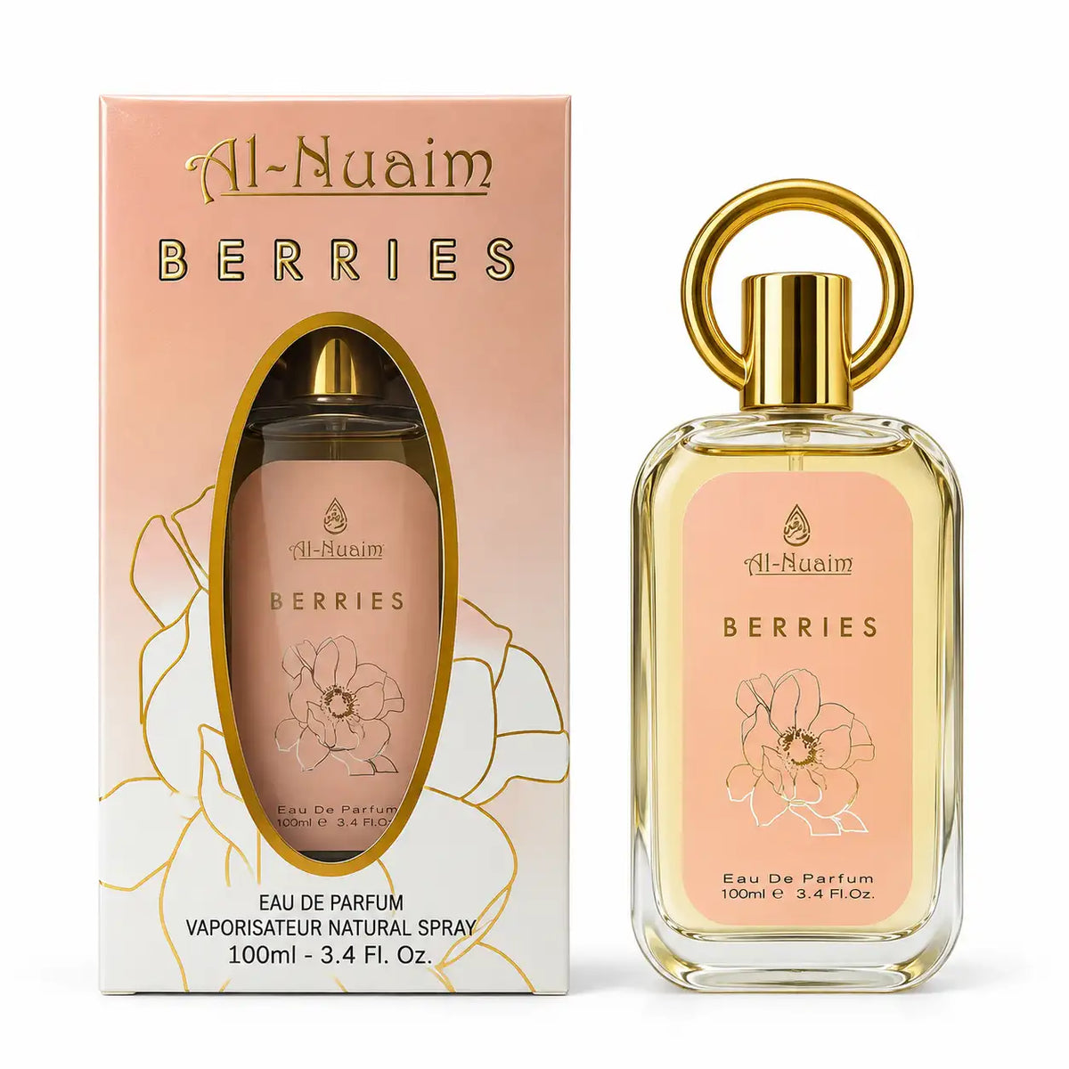 Al-Nuaim Berries Eau De Parfum 100ml clear glass perfume bottle with peach label and golden ring cap on white background
