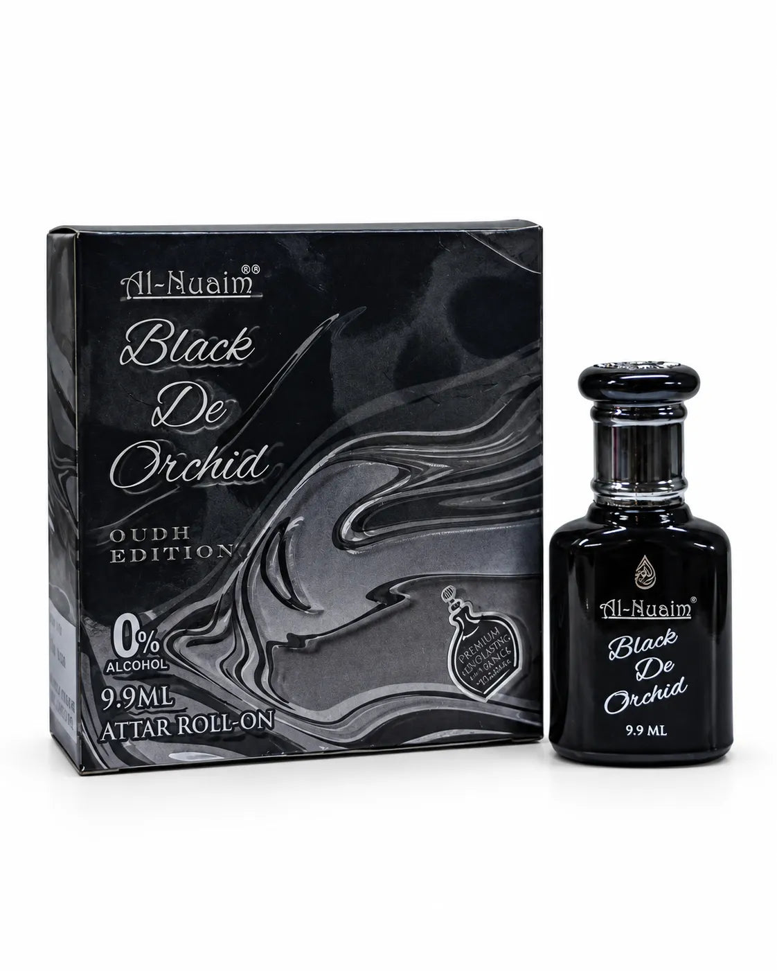 Al-Nuaim Black De Orchid Oudh Edition 9.9ml 0% alcohol attar roll-on with black bottle and black silver box
