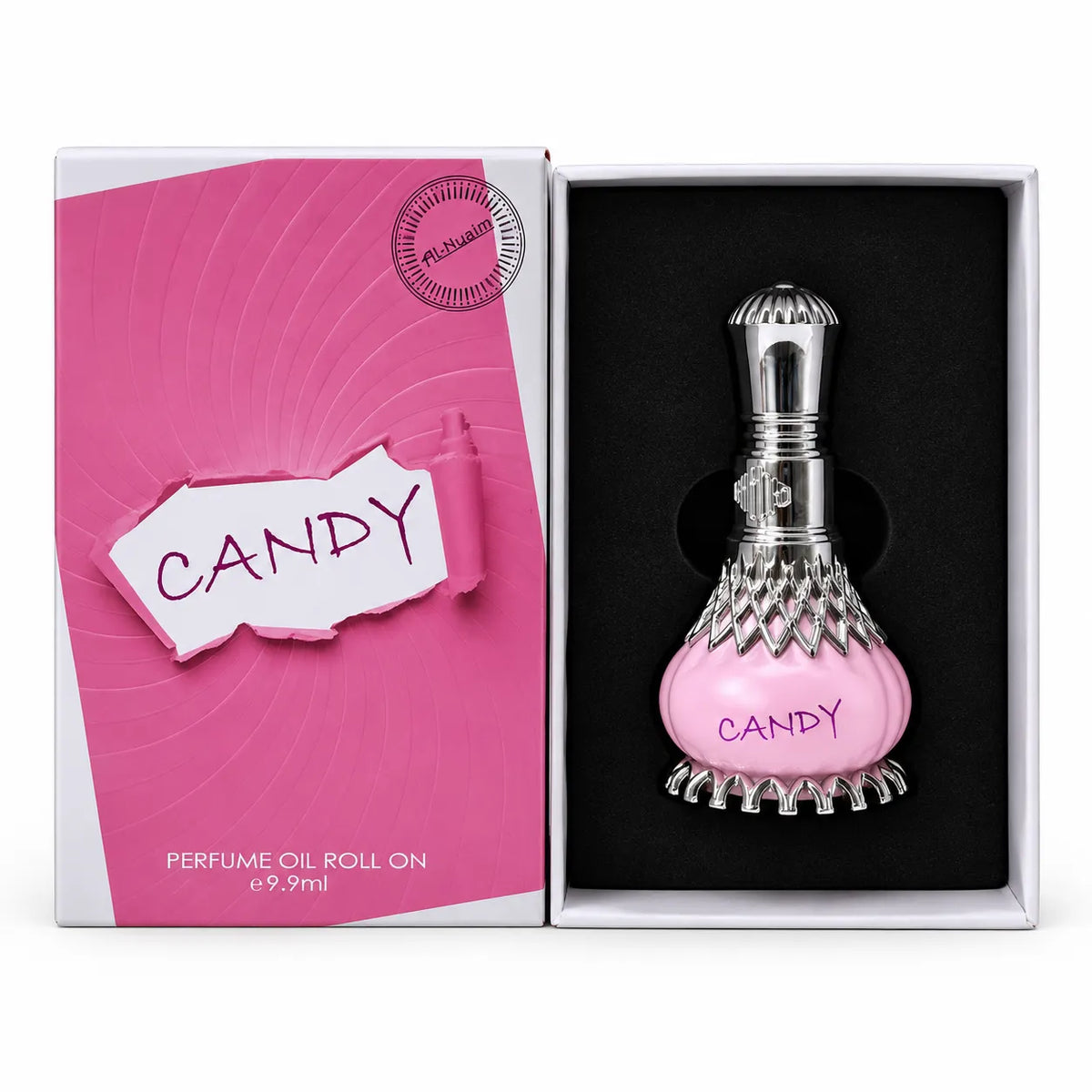 Al-Nuaim Candy 9.9ml roll-on perfume oil in a pink and silver-tone bottle beside its matching pink-and-white box.