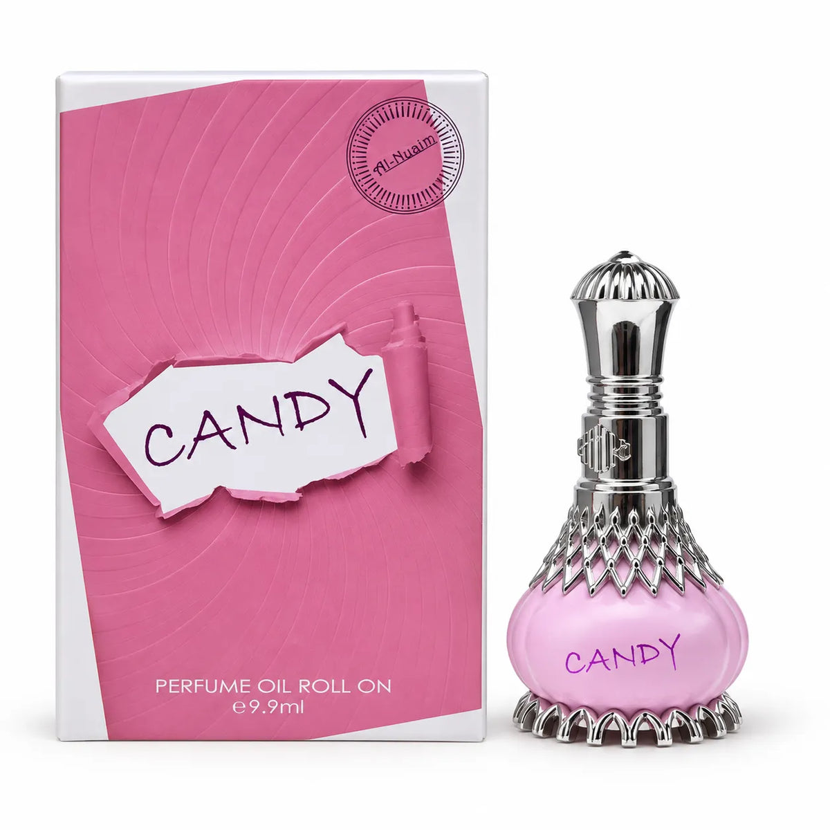 Al-Nuaim Candy 9.9ml roll-on perfume oil in a pink bottle with a silver-tone cap inside its black-lined presentation box.