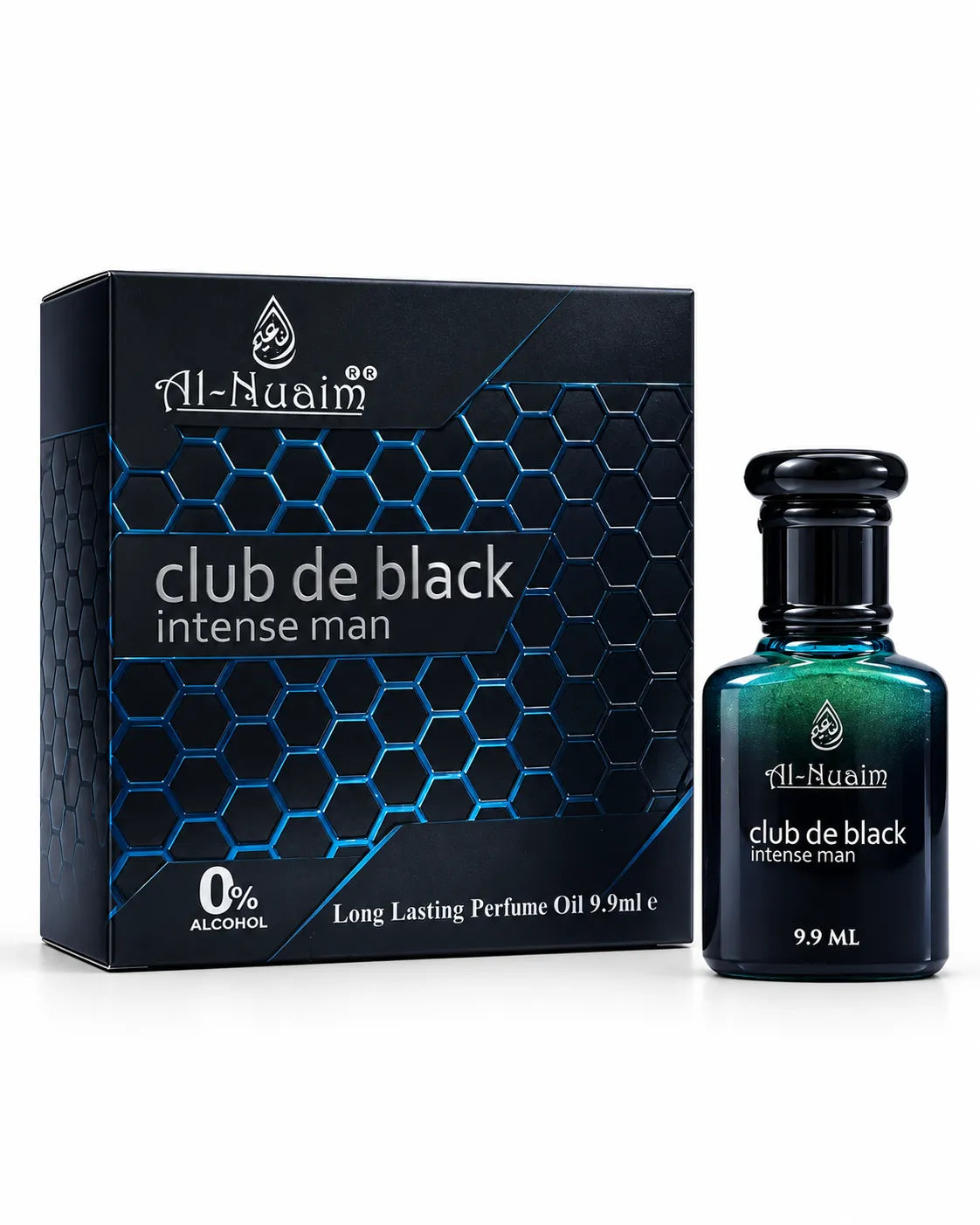 Al-Nuaim Club De Black Intense Man 9.9ml 0% alcohol perfume oil roll-on with black blue box and dark bottle