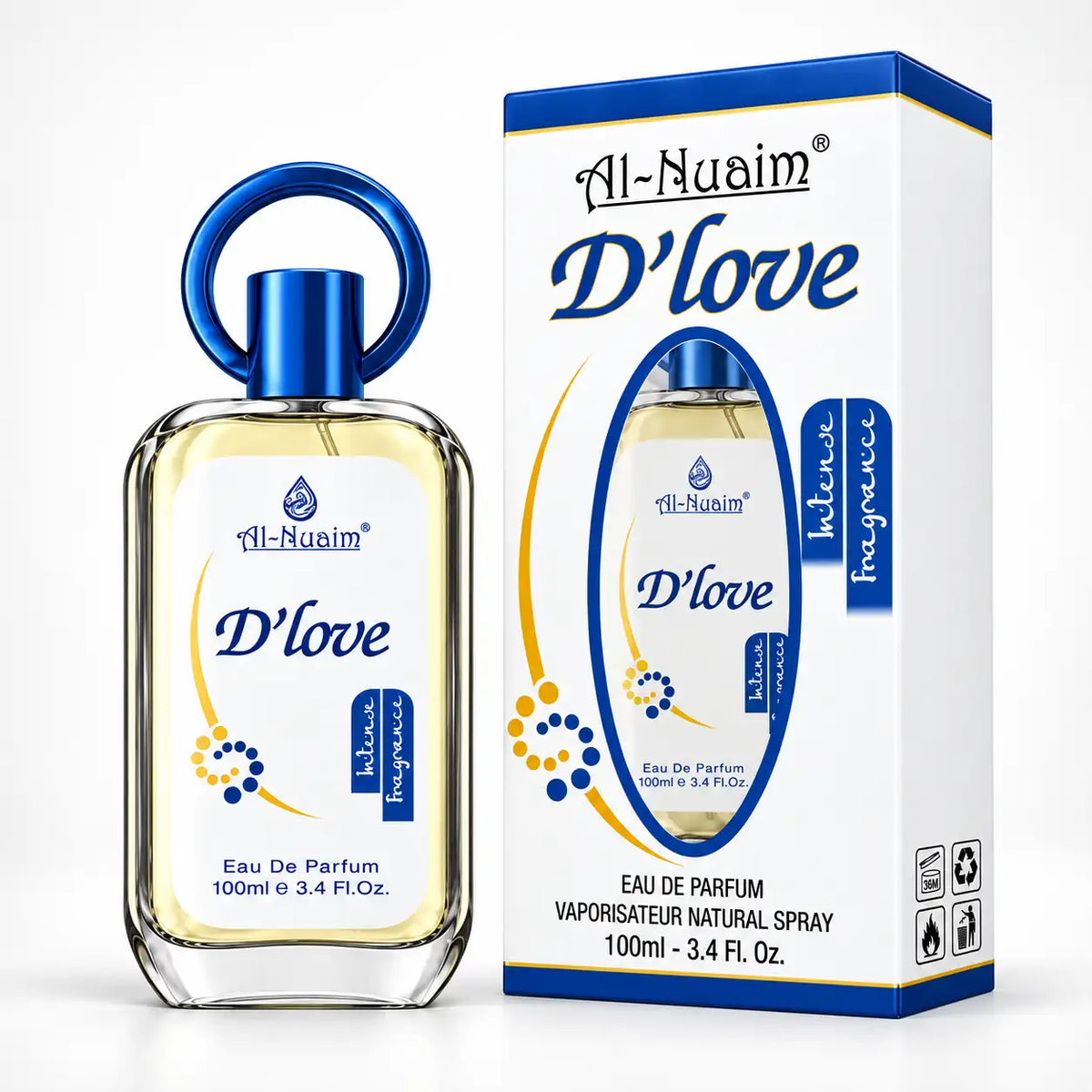 Al-Nuaim D’love 100ml perfume bottle on white background
