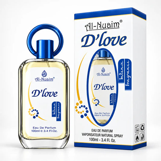Al-Nuaim D’love 100ml perfume bottle on white background
