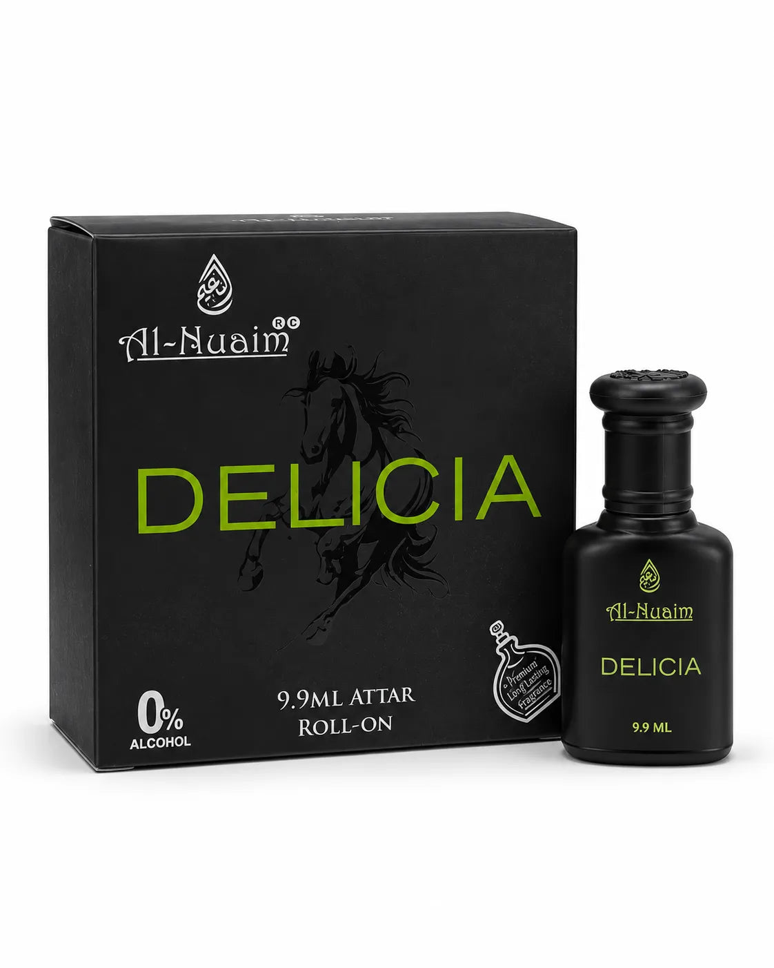 Al-Nuaim Delicia 9.9ml 0% alcohol attar roll-on with matte black bottle, black cap and matching black green fragrance box