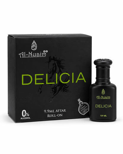 Al-Nuaim Delicia 9.9ml 0% alcohol attar roll-on with matte black bottle, black cap and matching black green fragrance box