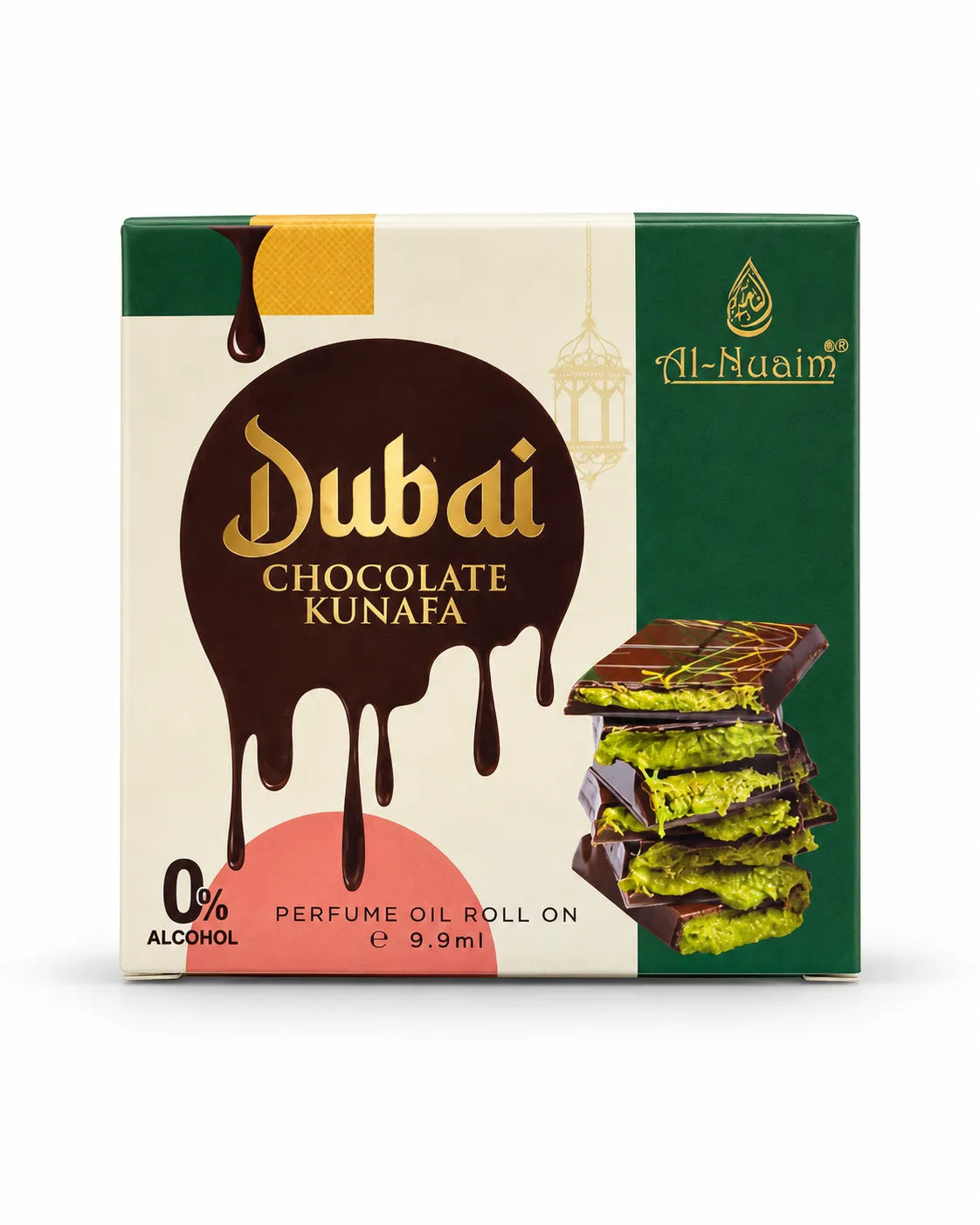 Al-Nuaim Dubai Chocolate Kunafa 9.9ml 0% alcohol perfume oil roll-on with cream bottle, metallic gold cap and green chocolate-themed box