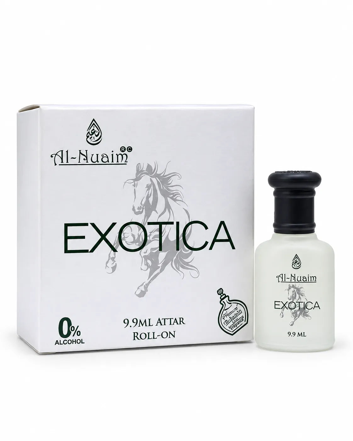 Al-Nuaim Exotica 9.9ml roll-on attar in a frosted-white bottle with black cap beside its white horse-design box.