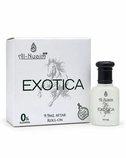 Al-Nuaim Exotica 9.9ml roll-on attar in a frosted-white bottle with black cap beside its white horse-design box.