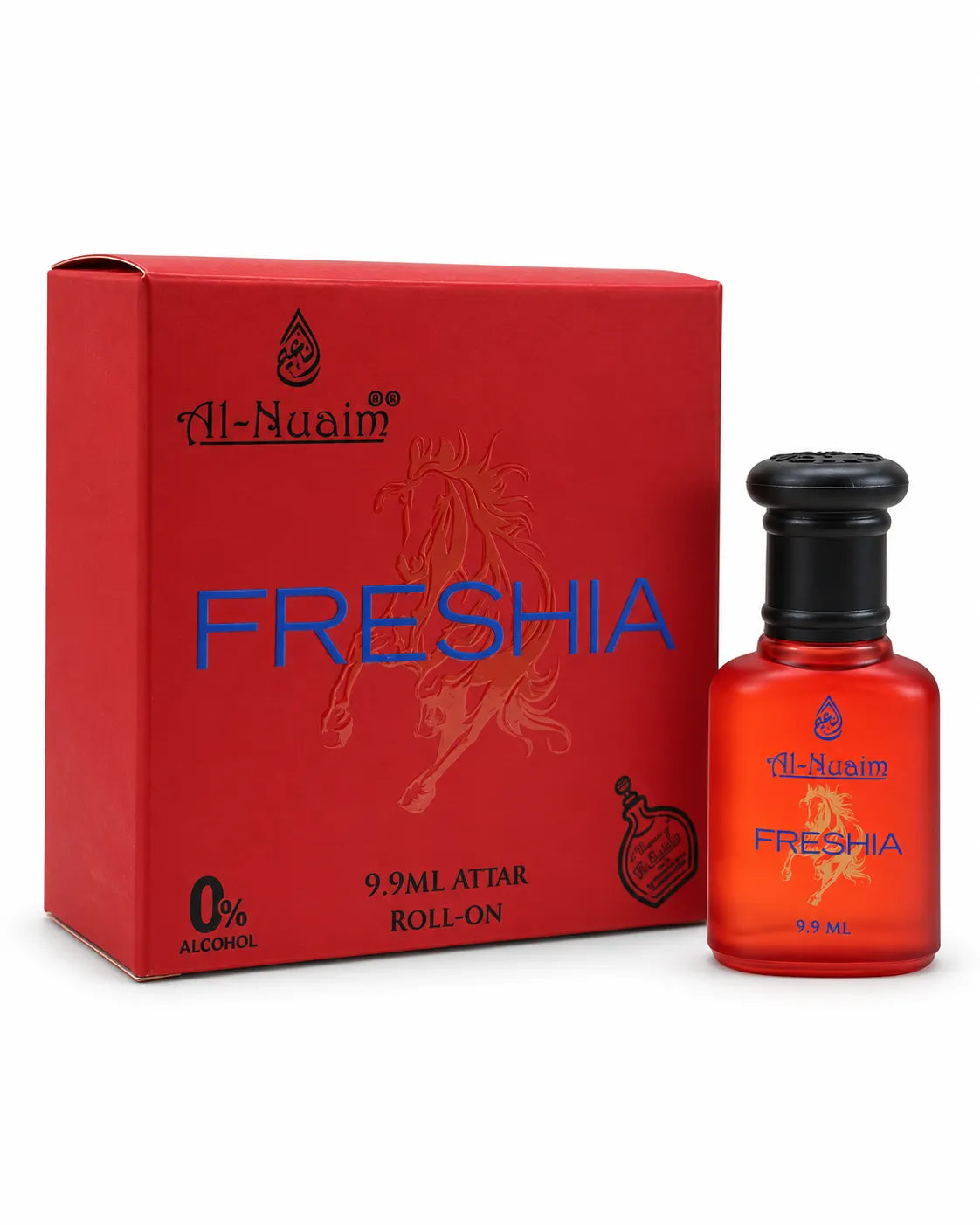 Al-Nuaim Freshia 9.9ml 0% alcohol attar roll-on red perfume oil packaging with blue Freshia branding