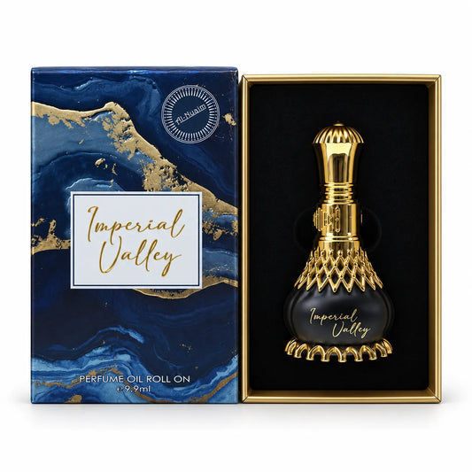 Al-Nuaim Imperial Valley 9.9ml roll-on perfume oil in a black and gold-tone bottle inside its fitted presentation box.