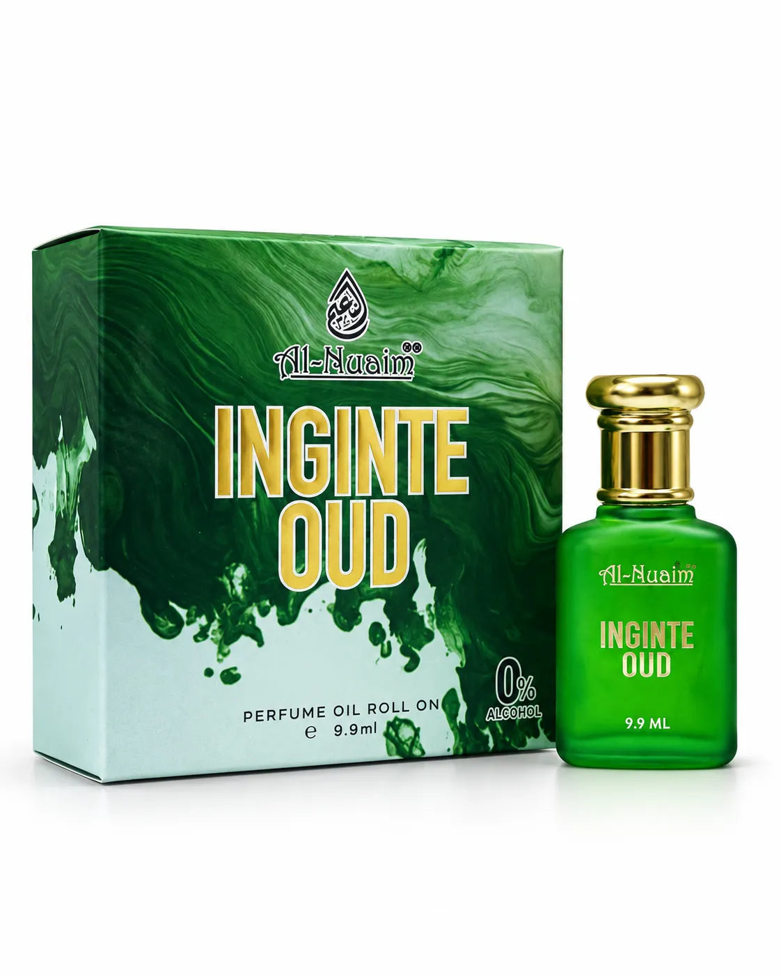 Al-Nuaim Inginte Oud 9.9ml roll-on attar in a green bottle with gold-tone cap beside its green-and-white box.