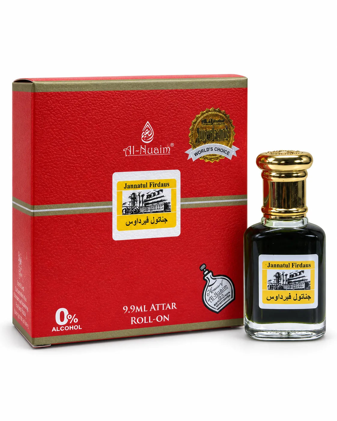 Al-Nuaim Jannatul Firdaus 9.9ml 0% alcohol attar roll-on with red gold box, dark bottle and metallic gold cap