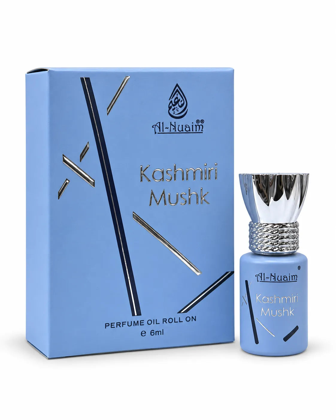 Al-Nuaim Kashmiri Mushk 6ml perfume oil roll-on in light blue box with metallic silver detailing
