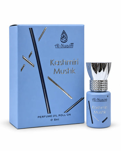 Al-Nuaim Kashmiri Mushk 6ml perfume oil roll-on in light blue box with metallic silver detailing