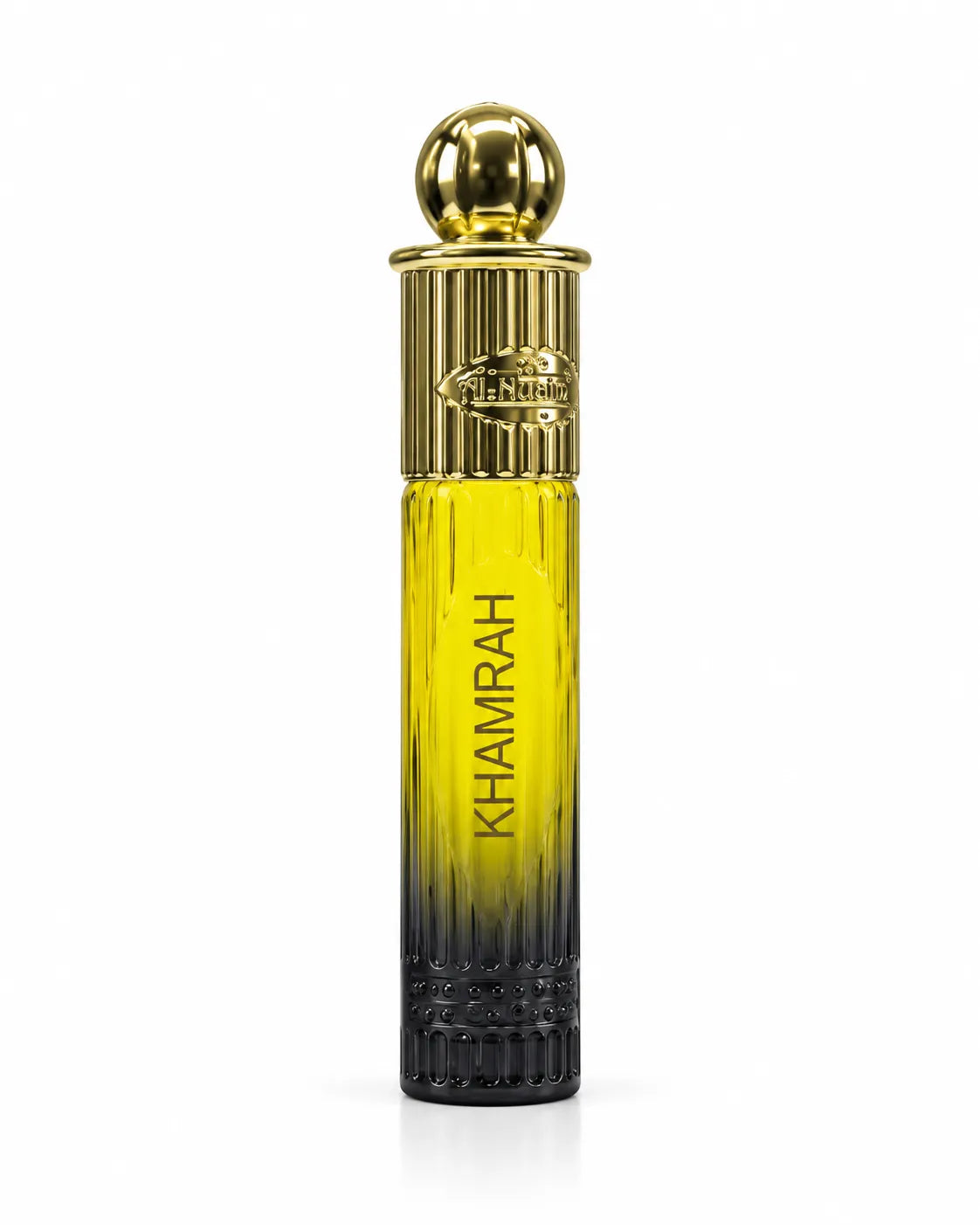 Al-Nuaim Khamrah 6ml roll-on attar in a yellow-to-black glass bottle with an ornate gold-coloured cap on a white background.