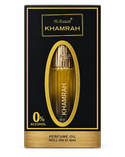 Al-Nuaim Khamrah 6ml roll-on perfume oil in a black and gold box with an oval display window and 0% alcohol label.