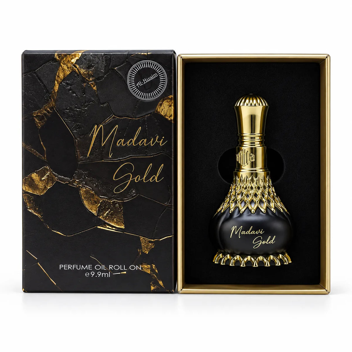 Al-Nuaim Madavi Gold 9.9ml roll-on perfume oil in a black and gold-tone bottle inside its fitted black presentation insert.
