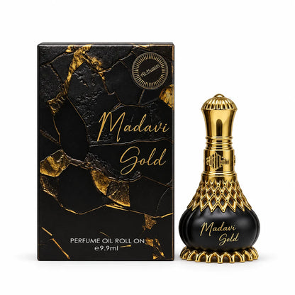 Al-Nuaim Madavi Gold 9.9ml roll-on perfume oil in a black bottle with a gold-tone cap beside its matching presentation box.