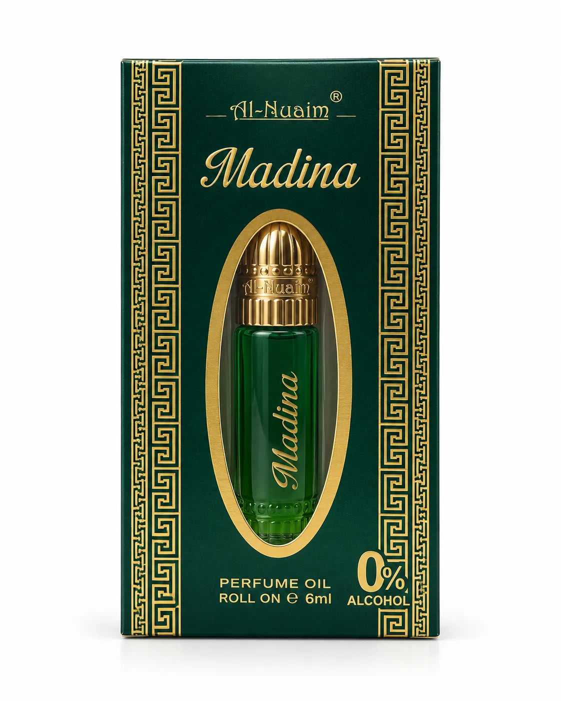 Al-Nuaim Madina 6ml roll-on perfume oil in a green and gold box with an oval display window and 0% alcohol label.