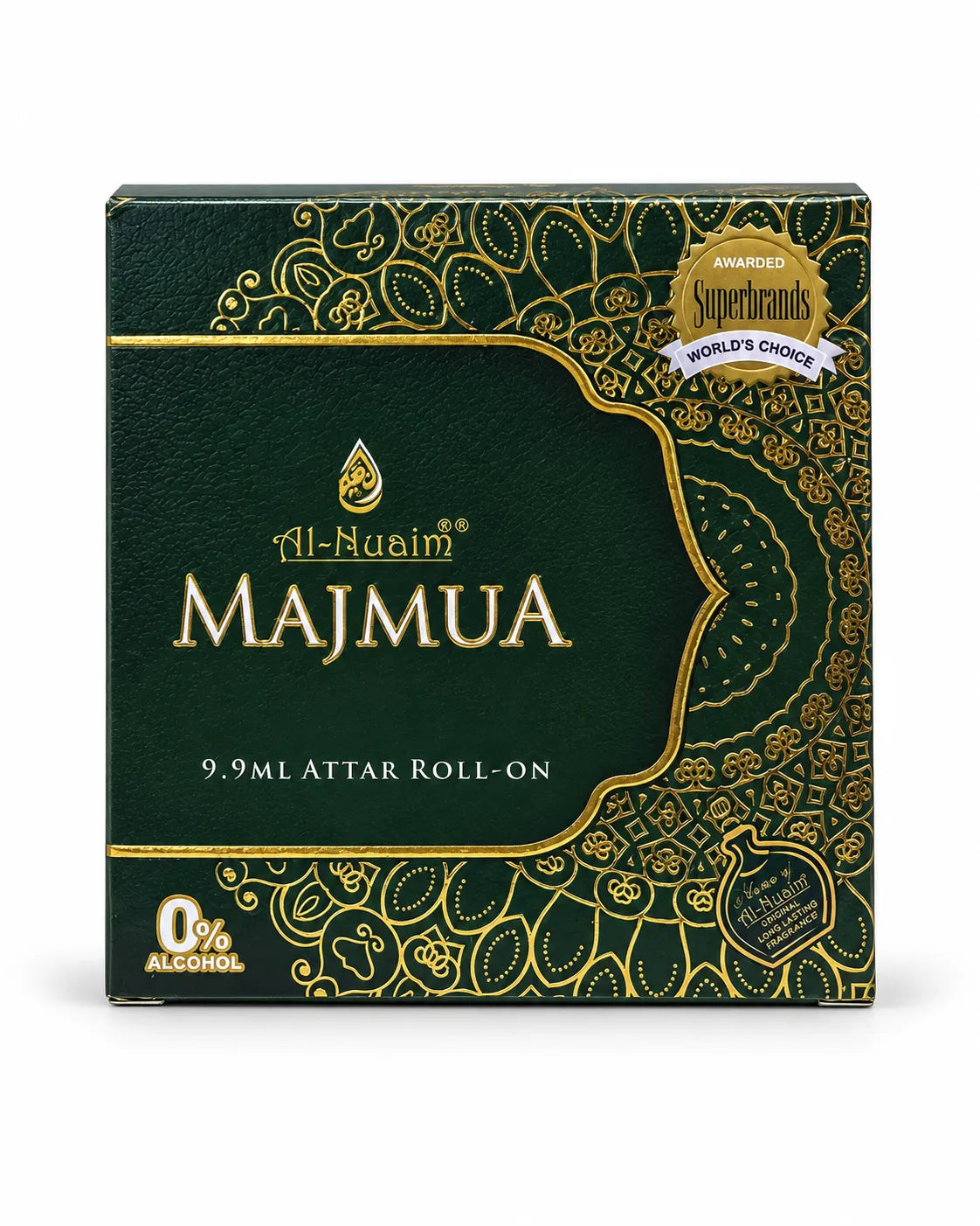 Al-Nuaim Majmua 9.9ml attar box in dark green with ornate gold patterns, Majmua lettering, and 0% alcohol labelling.