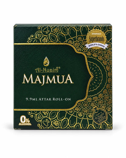 Al-Nuaim Majmua 9.9ml attar box in dark green with ornate gold patterns, Majmua lettering, and 0% alcohol labelling.