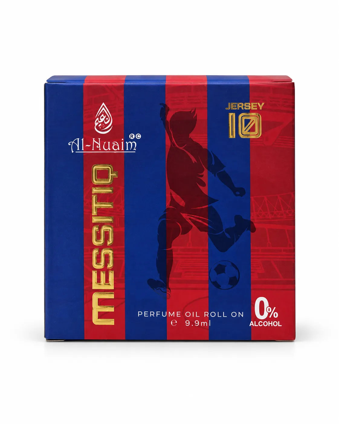 Al-Nuaim Messitiq 9.9ml perfume oil box with red-and-blue stripes, football artwork, Jersey 10 detail and 0% alcohol labelling.