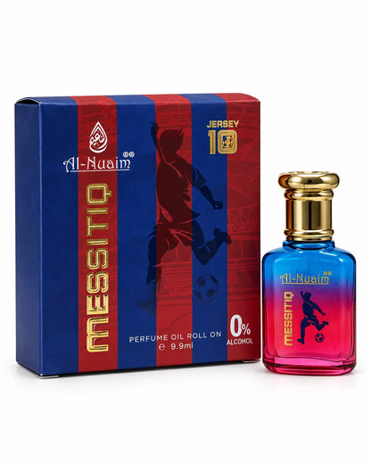 Al-Nuaim Messitiq 9.9ml roll-on attar in a blue-to-pink bottle with gold-tone cap beside its red-and-blue football-themed box.