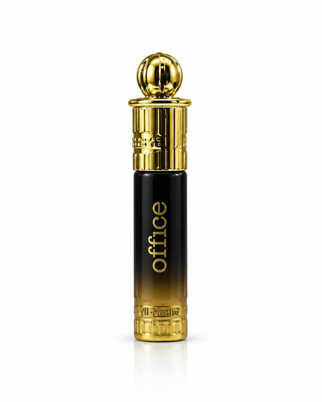 Al-Nuaim Office 6ml roll-on attar in a black-to-gold bottle with an ornate gold-coloured cap on a white background.