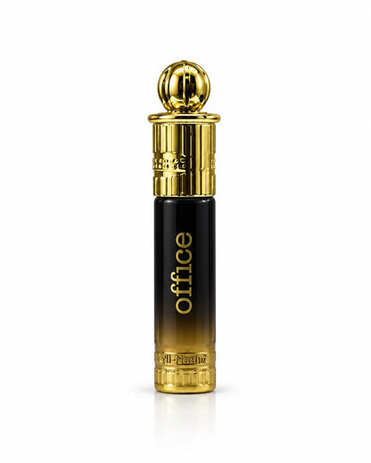 Al-Nuaim Office 6ml roll-on attar in a black-to-gold bottle with an ornate gold-coloured cap on a white background.