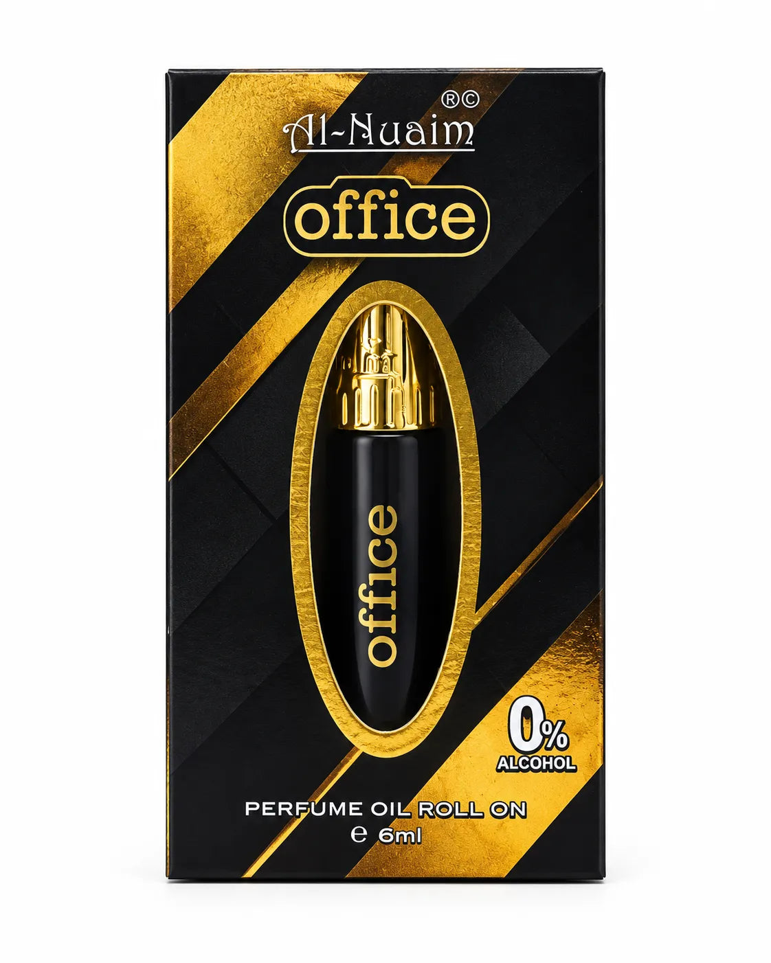 Al-Nuaim Office 6ml roll-on perfume oil in a black and gold box with an oval display window and 0% alcohol label.