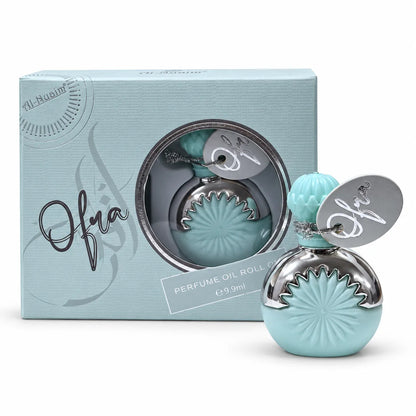 Al-Nuaim Ofra Perfume Oil Roll-On 9.9ml aqua blue and silver bottle with presentation box