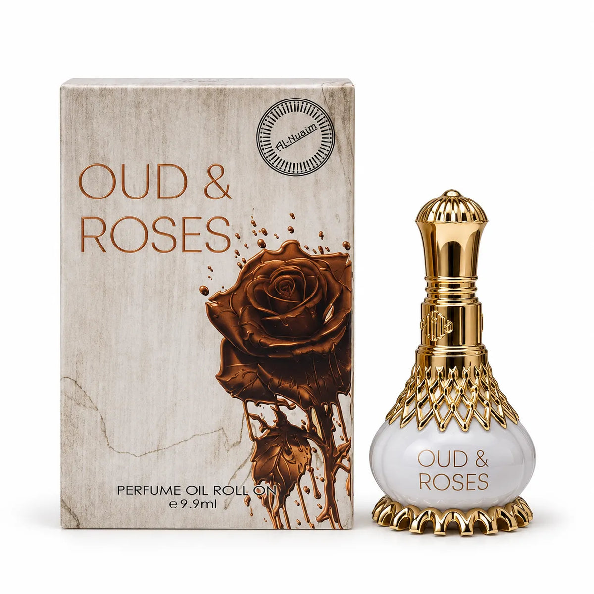 Al-Nuaim Oud & Roses 9.9ml roll-on perfume oil in a white bottle with a gold-tone cap beside its rose-artwork box.