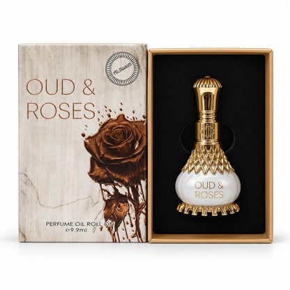 Al-Nuaim Oud & Roses 9.9ml roll-on perfume oil in a white and gold-tone bottle inside its fitted black presentation insert.