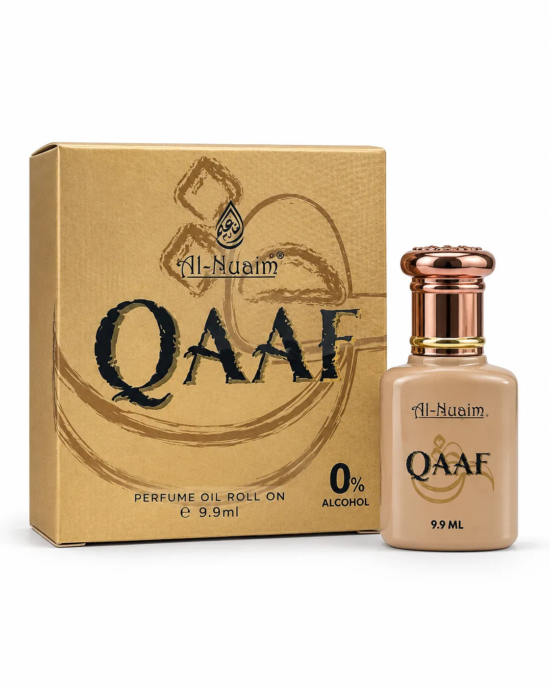 Al-Nuaim Qaaf 9.9ml 0% alcohol perfume oil roll-on with beige bottle, metallic copper-gold cap and matching premium box
