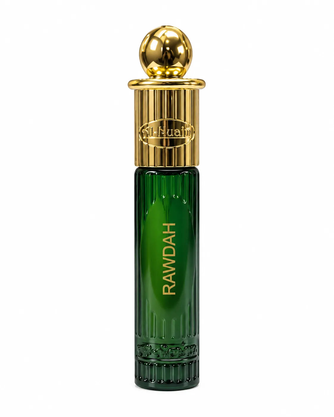 Al-Nuaim Rawdah 6ml roll-on attar in a dark green glass bottle with a decorative gold-coloured cap on a white background.