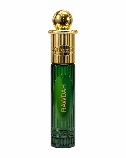 Al-Nuaim Rawdah 6ml roll-on attar in a dark green glass bottle with a decorative gold-coloured cap on a white background.