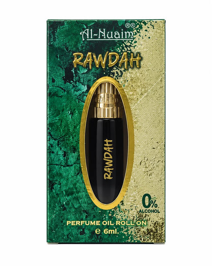 Al-Nuaim Rawdah 6ml roll-on perfume oil in a green and gold box with an oval display window and 0% alcohol label.